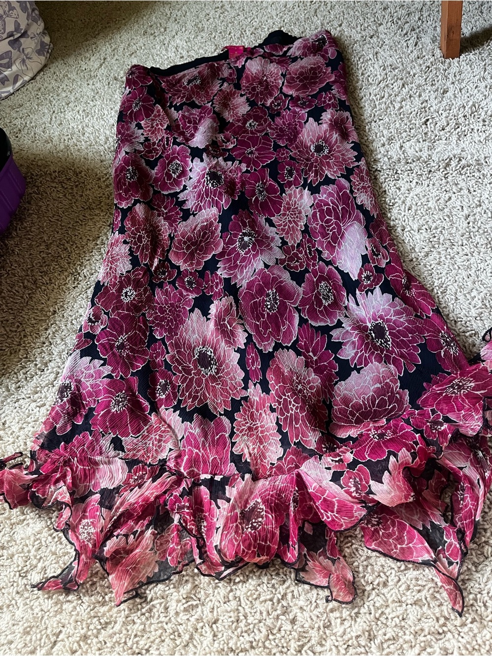 Sunny Leigh Black Midi Skirt with Pink Floral Print and Ruffle Hem - Picture 1 of 3